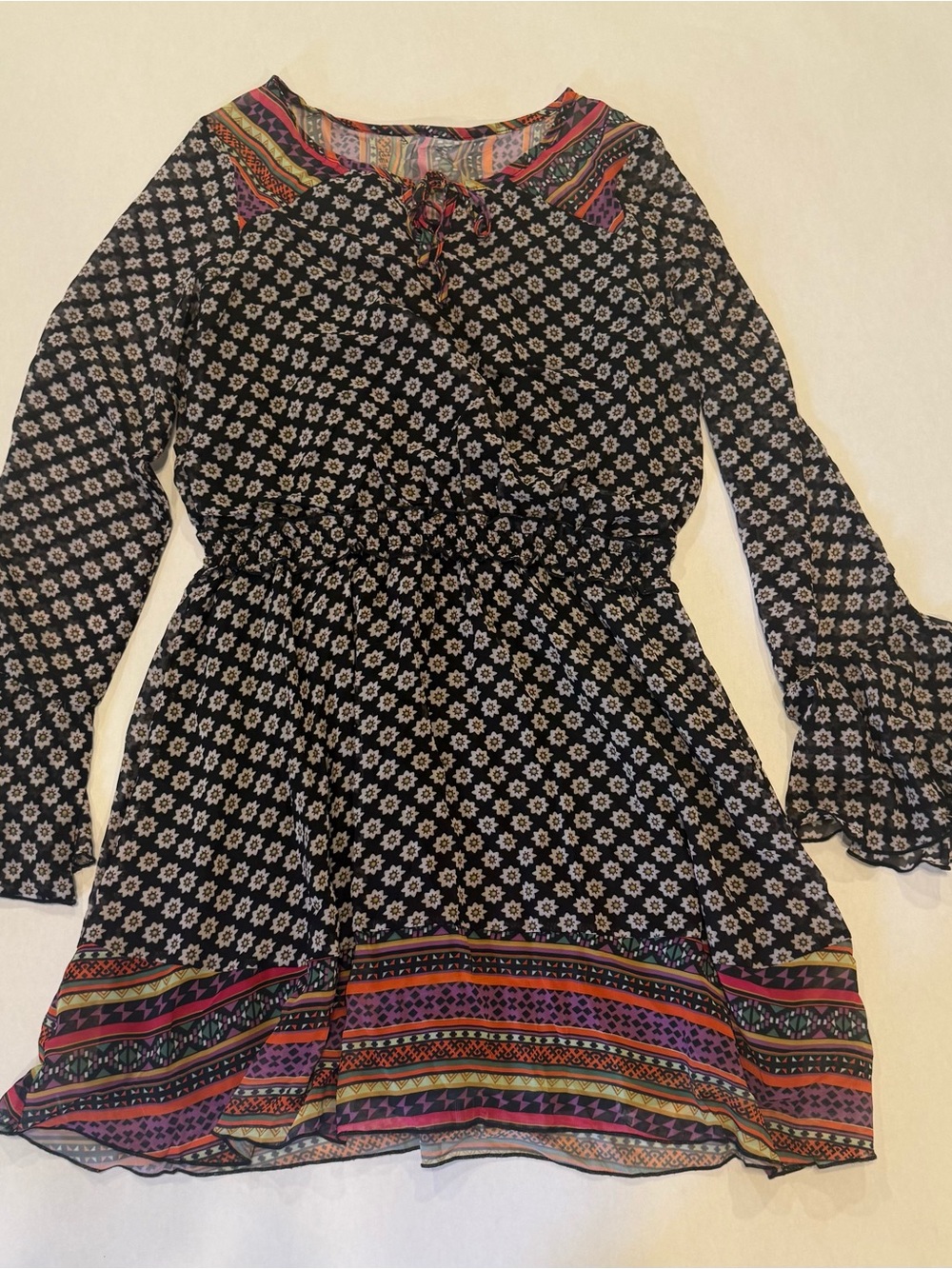 Black Floral Boho Tunic Dress with Colorful Border